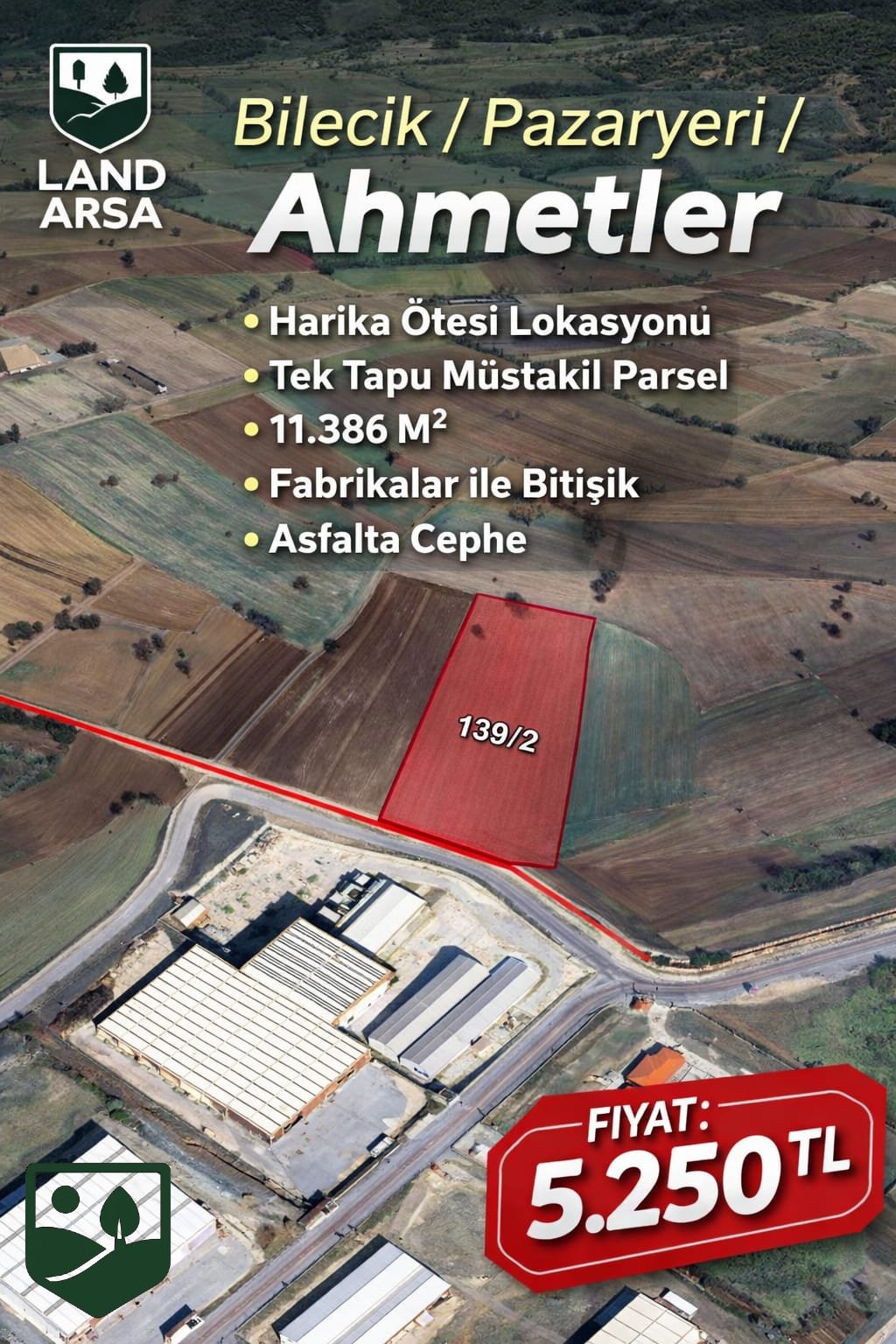 Bilecik-Pazaryeri-Ahmetler 11.286 metre Tek Tapu Fabrikalara Yapışık Harika Arazi