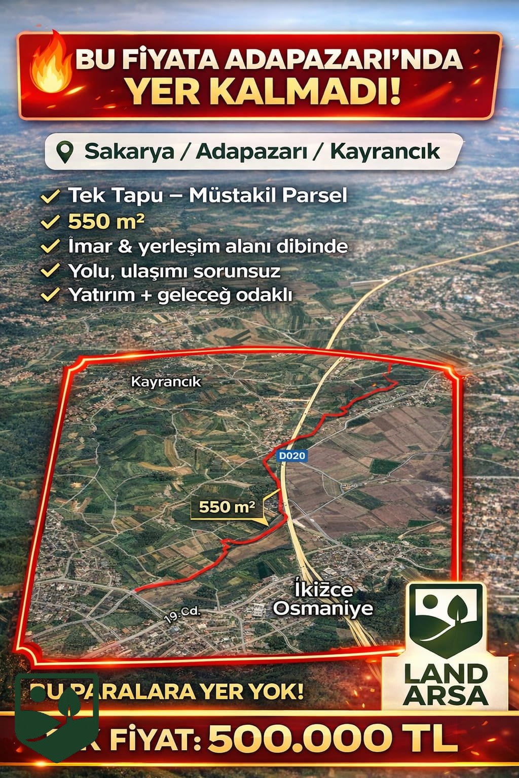 Sakarya Adapazarı Kayrancık Tek Tapu Müstakil Parsel 550 Metre